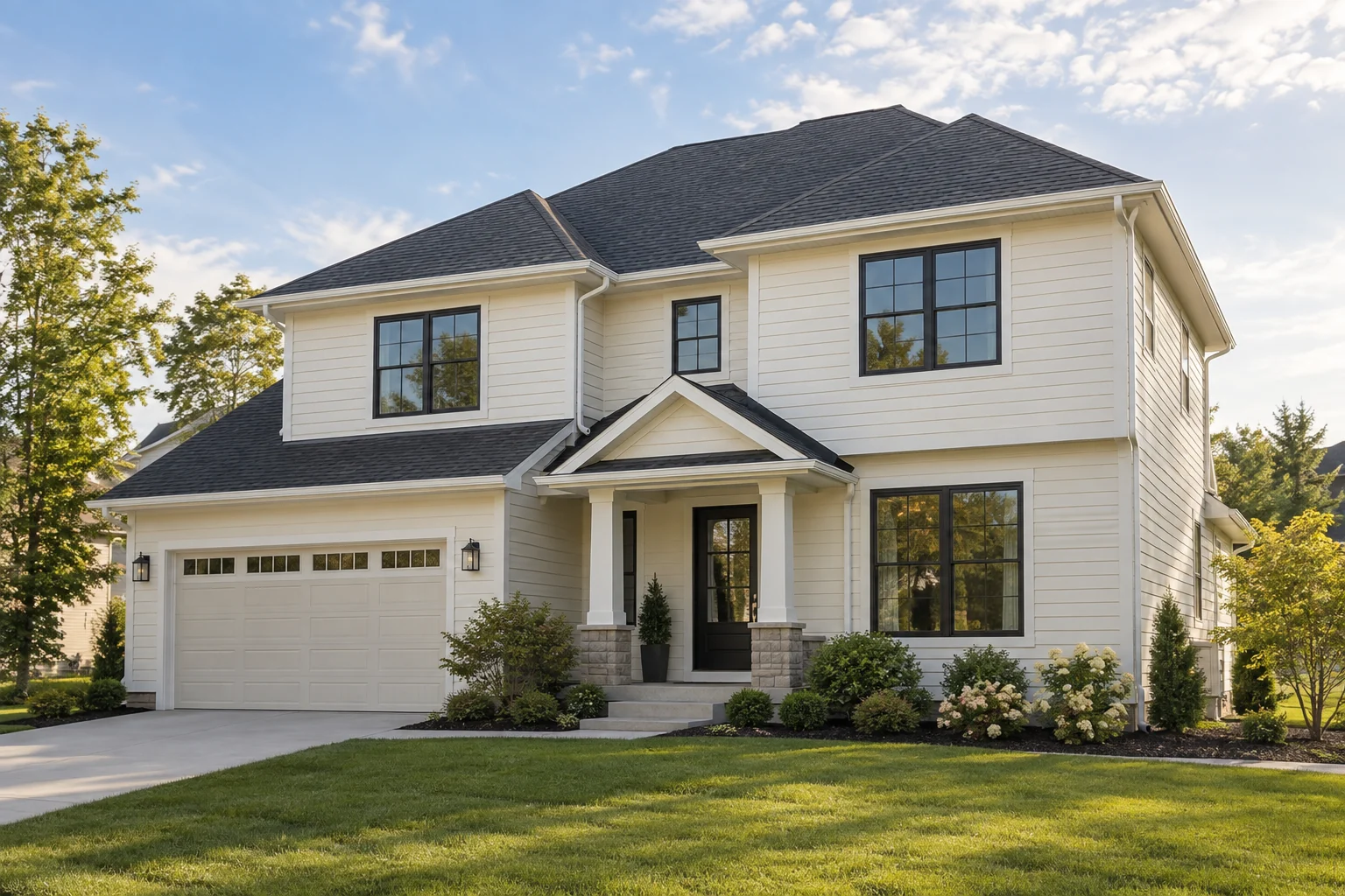 Two-story house with a garage, showing gutters along several roof edges at different heights